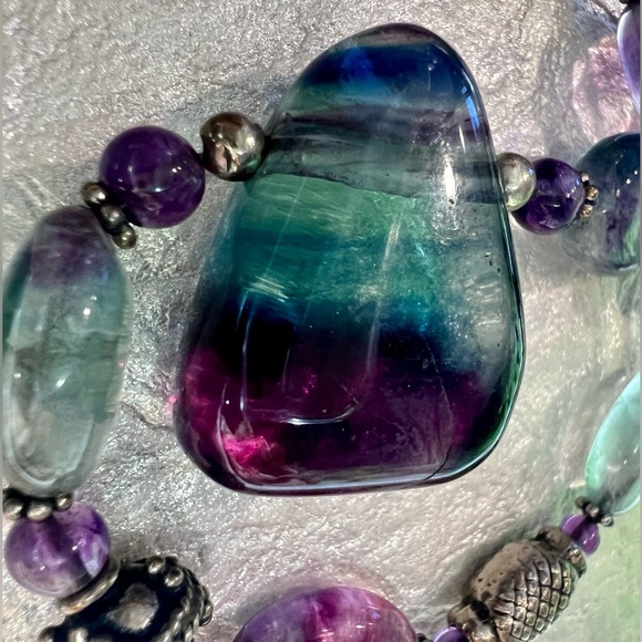 Natural Fluorite 925 Sterling silver Necklace. Large Tri-color Fluorite Pendant - Picture 5 of 15